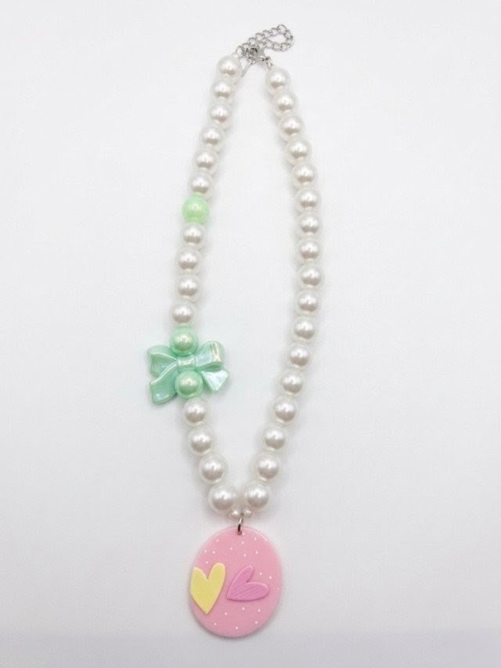 Faux Pearl Necklace with Pink Heart Pendant and Mint Bow